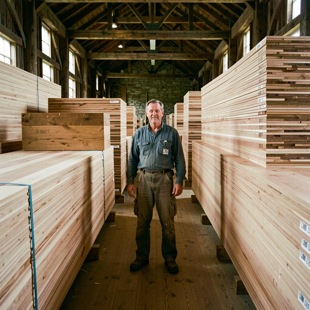 General Manager Stu Peller among the stacks of custom-milled maple flooring — the $340,000 contract that represents one of the mill's largest in recent years.