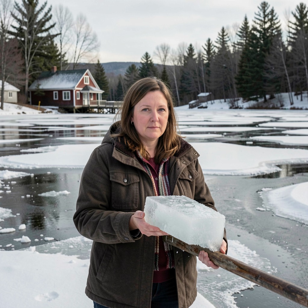 Lydia's hands, lined with 64 years of Ice-Out entries, holding this year's prediction form — a tradition she has never won and refuses to give up.