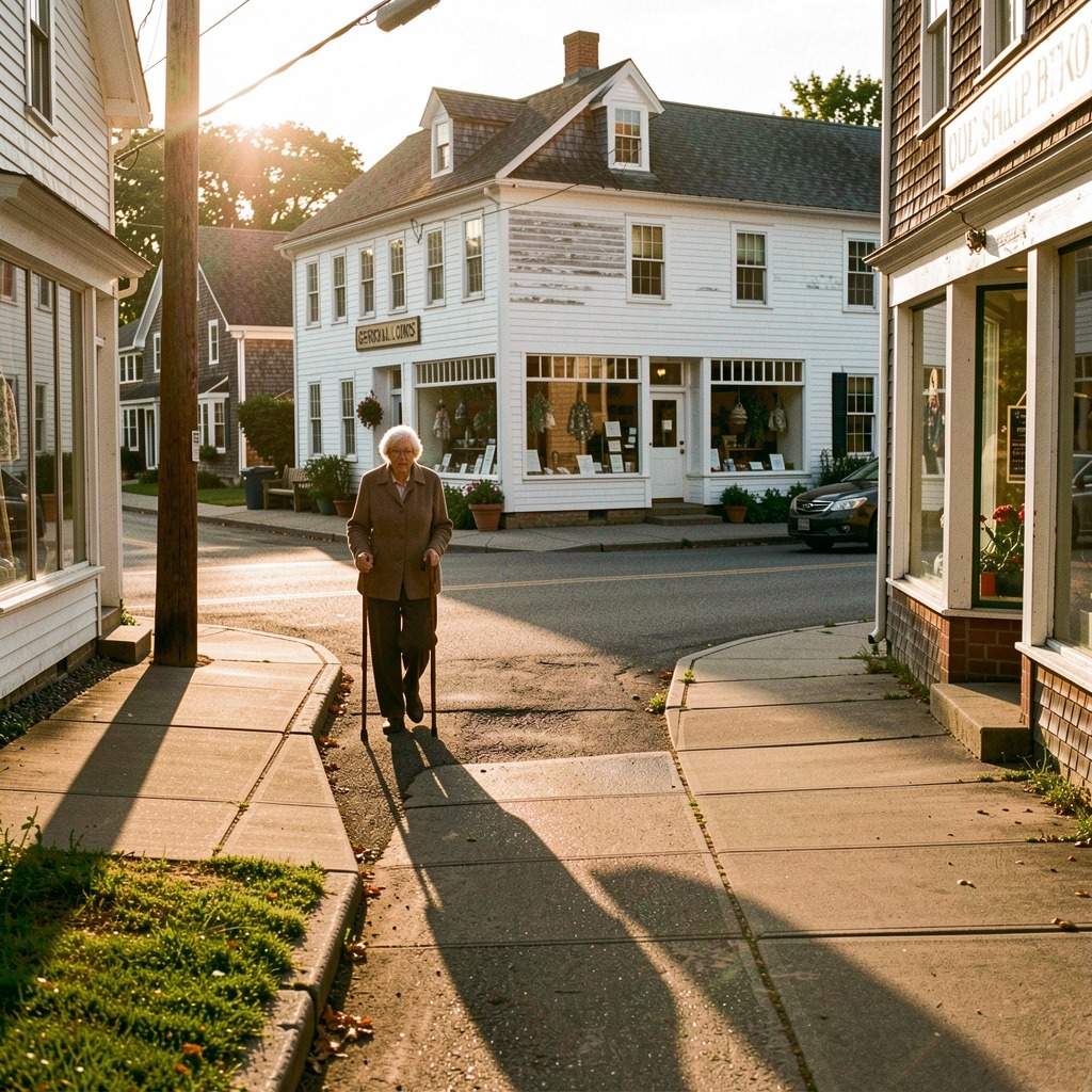 Lydia Barnes on her daily walk to the General Store, walking stick in hand, a familiar figure on the streets of the town she has never left.
